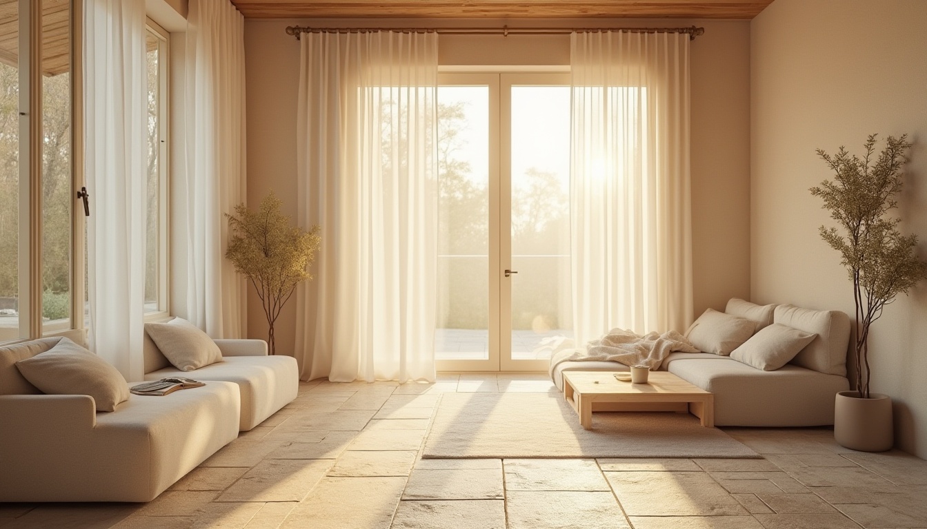 Prompt: Soft morning light, warm beige tones, gentle shadows, minimalist interior design, floor-to-ceiling windows, sheer white curtains, natural stone floors, wooden accents, earthy color palette, comfortable seating areas, cozy reading nooks, soft diffused lighting, 1/1 composition, shallow depth of field, realistic textures.