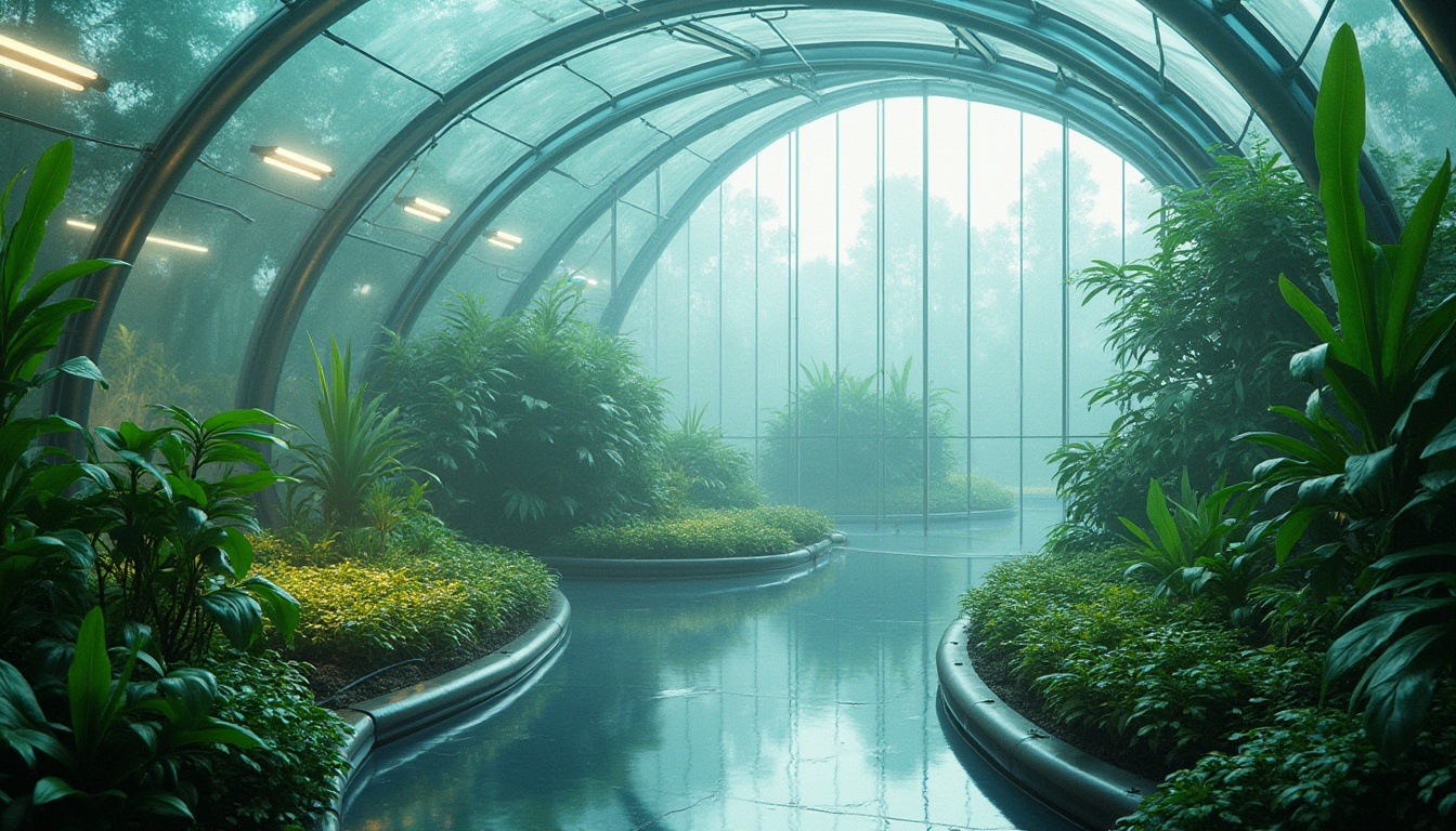 Prompt: Futuristic greenhouse, lush tropical plants, misty atmosphere, iridescent glass surfaces, curved metal frameworks, sustainable energy harvesting, solar panels, hydroponic systems, vertical farming, organic shapes, neon accents, soft blue-green lighting, shallow depth of field, 1/2 composition, panoramic view, realistic textures, ambient occlusion, tranquil ambiance, futuristic furniture, sleek minimalist decor.