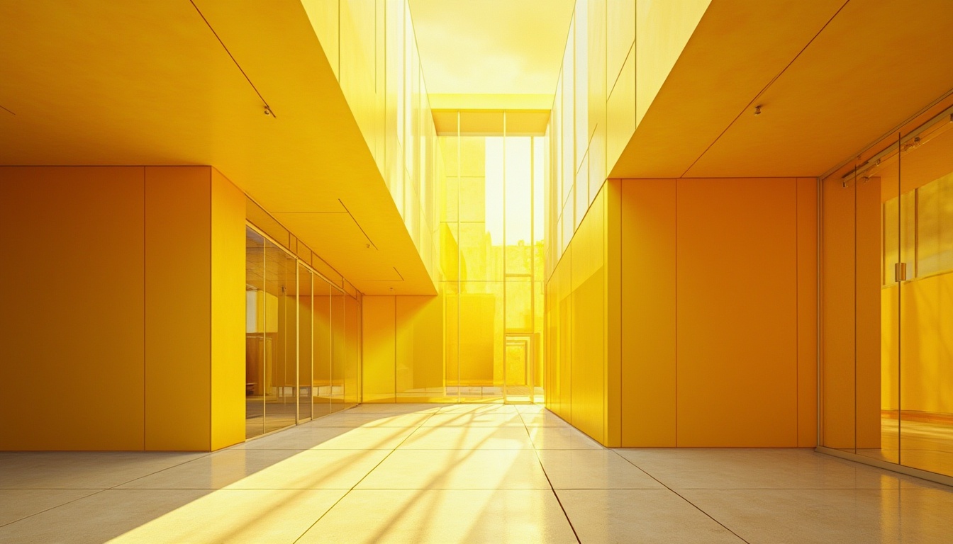 Prompt: Vibrant yellow accents, warm sunny day, bright citrus hues, optimistic atmosphere, modern abstract architecture, sleek glass facades, angular lines, minimalist design, bold typography, contrasting black backgrounds, energetic color blocking, geometric patterns, sun-kissed textures, shallow depth of field, 1/1 composition, realistic renderings.