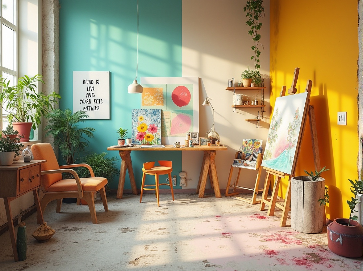 Prompt: Vibrant artistic studio, eclectic furniture, bold color blocks, inspirational quotes, creative artwork displays, modern easels, paint-splattered floors, natural wood accents, abundant natural light, airy atmosphere, pastel-colored walls, rich turquoise accents, golden yellow hues, creamy whites, soft pink undertones, delicate textures, subtle gradients, warm atmospheric lighting, 1/2 composition, intimate close-ups, realistic brushstrokes.