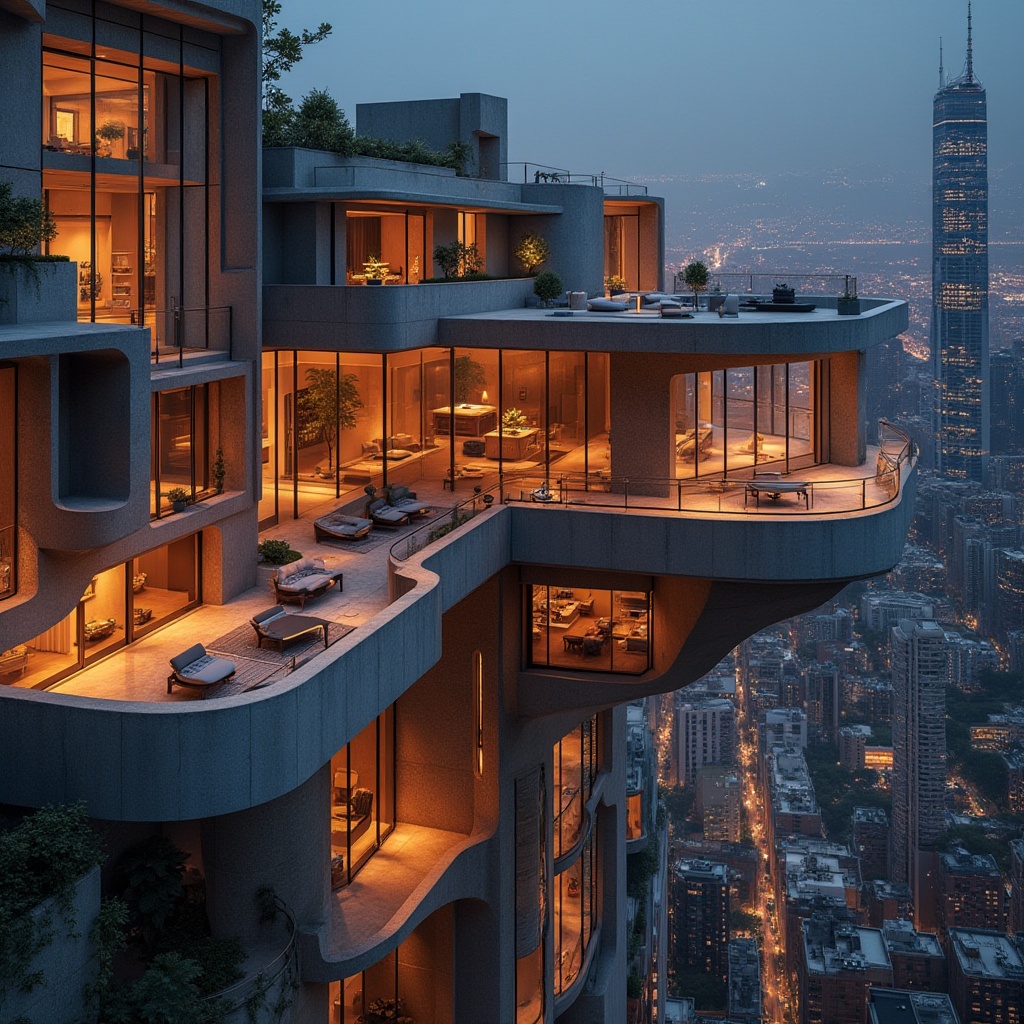 Prompt: Luxurious penthouse, postmodernist architecture, irregular shapes, bold color blocking, fragmented forms, dynamic asymmetry, playful juxtapositions, contrasting textures, reflective glass surfaces, metallic accents, cantilevered balconies, urban cityscape views, nighttime neon lighting, shallow depth of field, 1/1 composition, atmospheric perspective, realistic reflections, ambient occlusion.