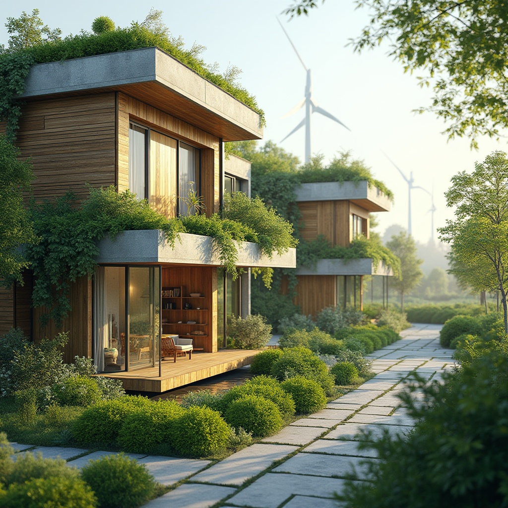 Prompt: Eco-friendly modern architecture, green roofs, living walls, solar panels, wind turbines, recycled glass facades, FSC-certified wooden structures, bamboo flooring, low-VOC paints, natural stone cladding, energy-efficient systems, rainwater harvesting, grey water reuse, organic gardens, urban agriculture, biophilic design, abundance of natural light, soft diffused lighting, 1/2 composition, shallow depth of field, realistic textures, ambient occlusion.