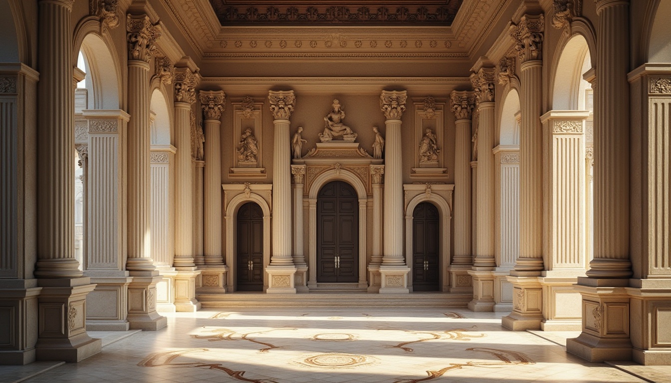 Prompt: Grandiose columns, ornate capitals, carved stone facades, symmetrical compositions, rusticated bases, arched windows, decorative pediments, intricately patterned floors, polished marble surfaces, gilded accents, majestic entranceways, sweeping staircases, elegant balustrades, refined moldings, subtle shadowing, warm ambient lighting, shallow depth of field, 2/3 composition, realistic textures, soft focus effect.