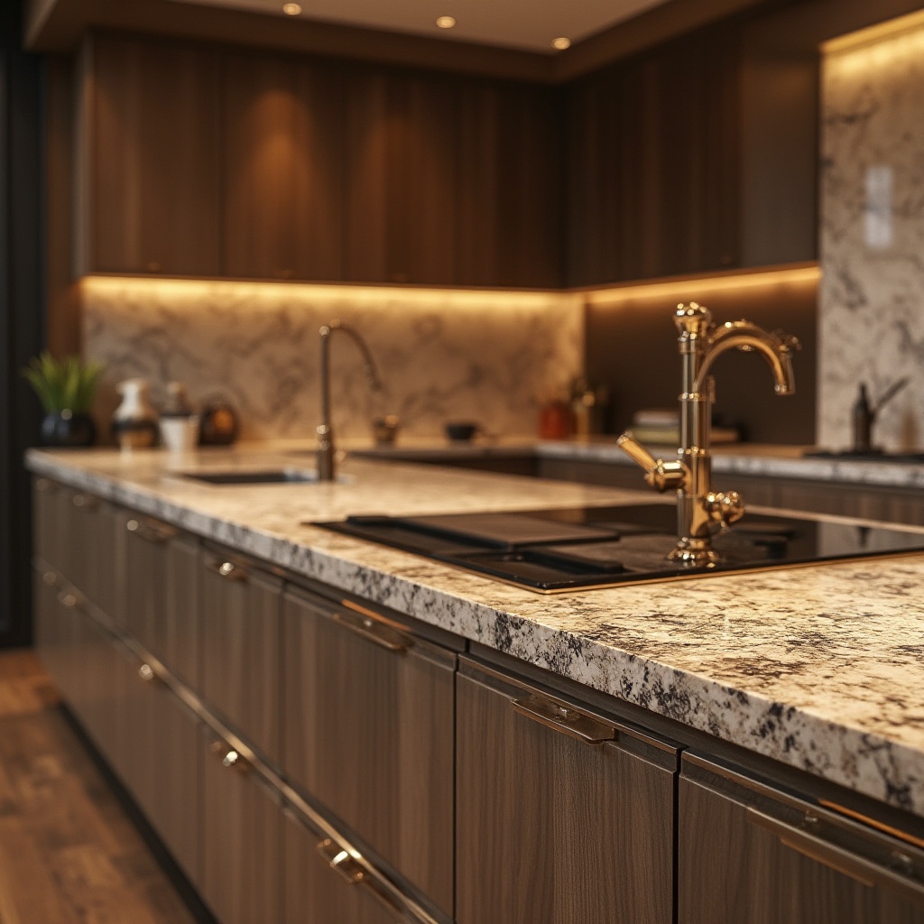 Prompt: Luxurious modern interior, granite countertops, high-gloss finish, rich earthy tones, subtle speckles, durable materiality, sleek cabinetry, chrome hardware, ambient warm lighting, shallow depth of field, 1/1 composition, realistic textures, soft focus effect.