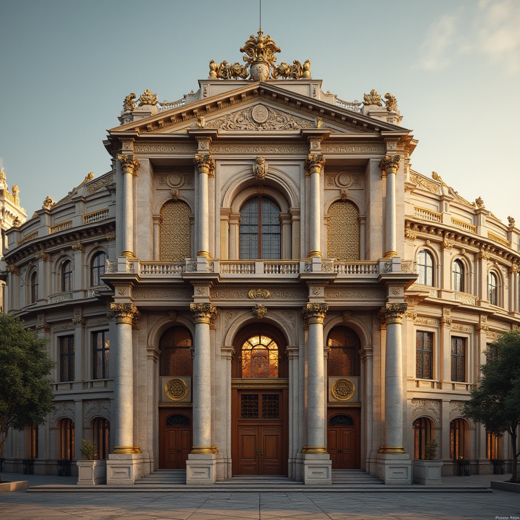 Prompt: Grand opera house, neoclassical facade, ornate details, Corinthian columns, grand arches, symmetrical composition, marble cladding, intricate carvings, gilded ornaments, dramatic lighting, warm golden tones, soft focus, shallow depth of field, 1/1 composition, frontal view, realistic textures, ambient occlusion.