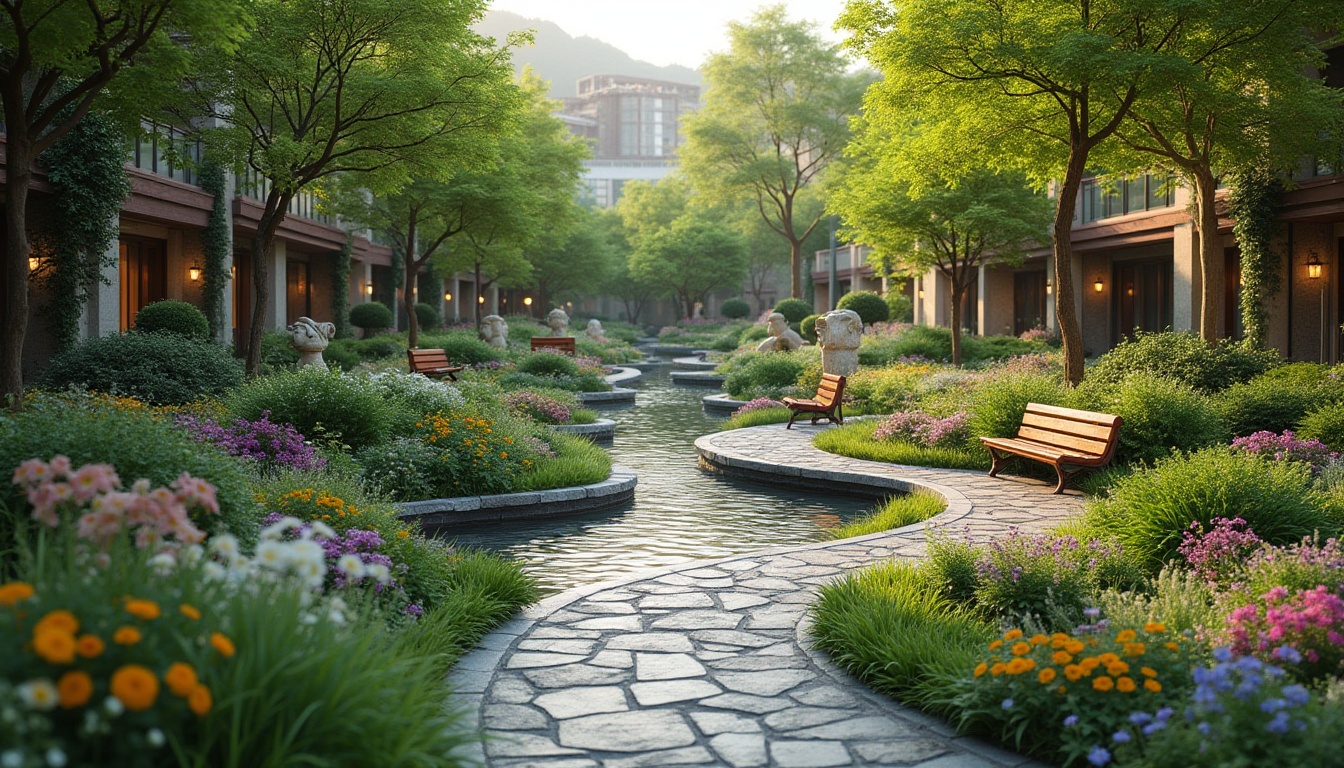 Prompt: Lush greenery, vibrant flowers, serene water features, natural stone pathways, meandering walkways, ornamental trees, colorful blooms, rustic benches, artistic sculptures, modern outdoor lighting, soft warm ambiance, shallow depth of field, 3/4 composition, panoramic view, realistic textures, ambient occlusion.