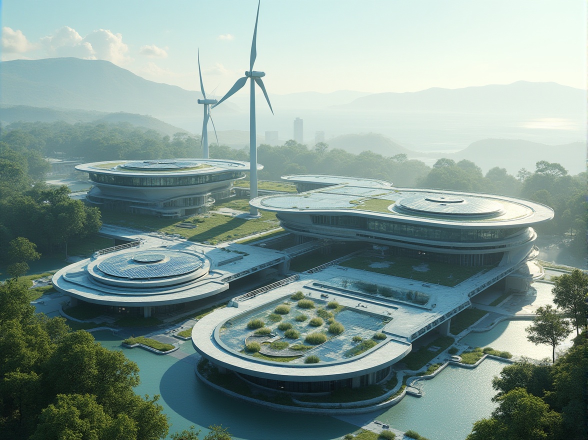 Prompt: Futuristic energy plant, sleek modernist architecture, solar panels, wind turbines, green roofs, eco-friendly materials, innovative cooling technologies, shaded outdoor spaces, misting systems, angular lines, minimalist design, sustainable energy solutions, water conservation systems, geothermal power generation, biomass fuel sources, hydroelectric power plants, circular economy principles, renewable energy resources, futuristic control rooms, advanced monitoring systems, data analytics dashboards, real-time energy tracking, immersive virtual reality experiences, panoramic views, realistic textures, ambient occlusion.