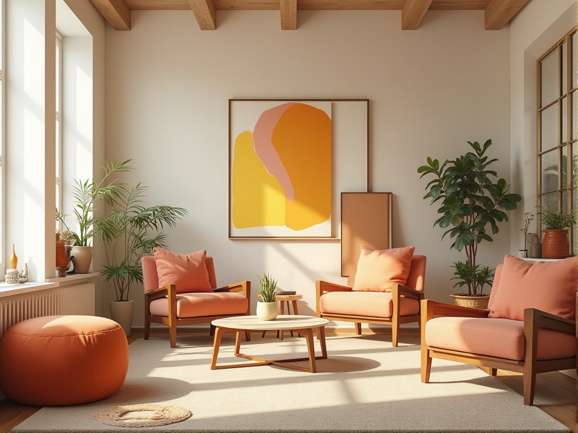 Prompt: Vibrant artistic studio, modern minimalist interior, bold abstract artwork, eclectic decorative accents, rich wood furniture, creamy white walls, warm golden lighting, soft pastel hues, muted earthy tones, contrasting bright colors, harmonious color balance, 3/4 composition, shallow depth of field, realistic textures, ambient occlusion.