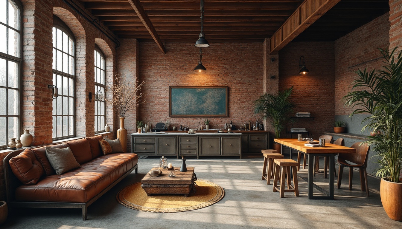 Prompt: Rustic industrial setting, exposed brick walls, steel beams, polished concrete floors, reclaimed wood accents, durable metal furnishings, weathered copper details, distressed leather textures, earthy color palette, natural lighting, soft shadows, shallow depth of field, 1/2 composition, realistic reflections, ambient occlusion.