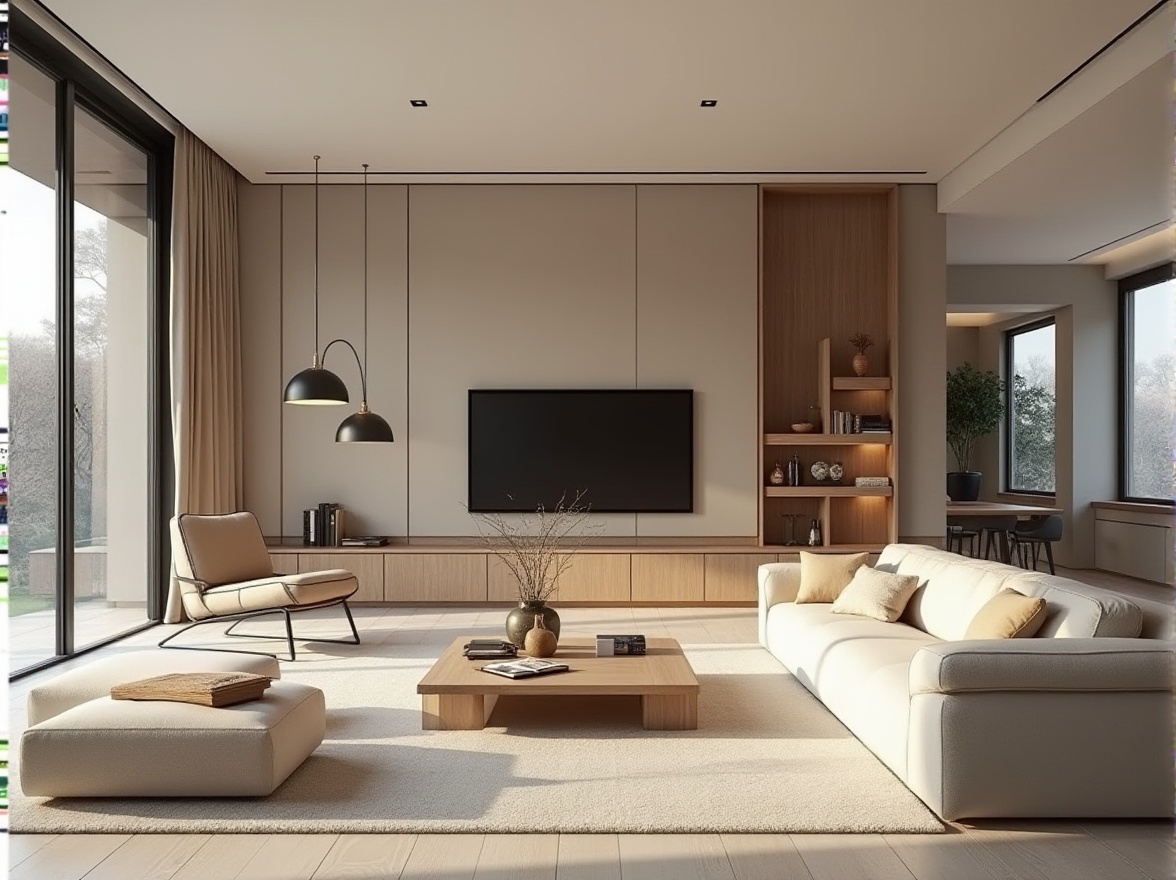 Prompt: Modern minimalist living room, sleek low-profile furniture, neutral color palette, spacious open-plan layout, functional storage solutions, multi-functional coffee table, cozy reading nook, floor-to-ceiling windows, natural light, soft warm ambiance, 1/1 composition, shallow depth of field, realistic textures, ambient occlusion.