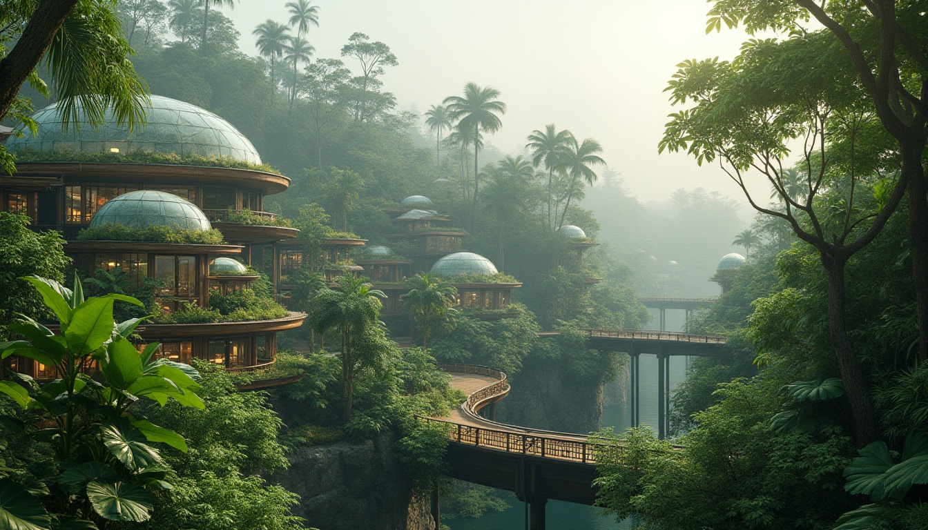 Prompt: Lush tropical plants, misty atmosphere, natural stone walls, reclaimed wood accents, organic curves, futuristic glass domes, verdant roofs, hydroponic systems, aerodynamic lines, sustainable energy harvesting, solar panels, wind turbines, water conservation systems, eco-friendly materials, innovative climate control, vibrant greenery, soft warm lighting, shallow depth of field, 3/4 composition, panoramic view, realistic textures, ambient occlusion.Please let me know if this meets your requirements!