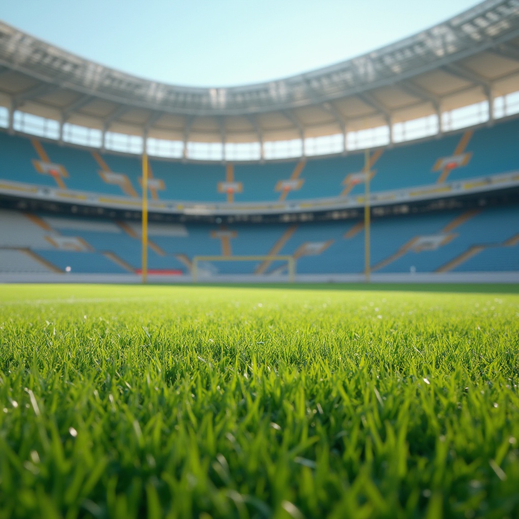 Prompt: Vibrant green grass, bold yellow goalposts, deep blue tracks, energetic orange accents, bright white markings, sturdy metal bleachers, natural wood tones, sunny day, soft warm lighting, shallow depth of field, 3/4 composition, panoramic view, realistic textures, ambient occlusion.