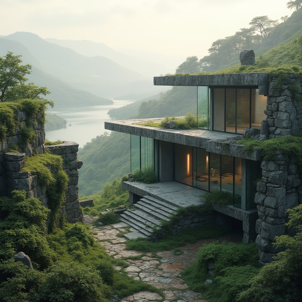 Prompt: Ancient monument ruins, overgrown vegetation, crumbling stone structures, fusion of modern sleek architecture, cantilevered roofs, large glass facades, minimalist design, natural light infusion, harmonious landscape integration, rolling hills, serene lake backdrop, misty morning atmosphere, soft warm lighting, shallow depth of field, 1/1 composition, panoramic view, realistic textures, ambient occlusion.