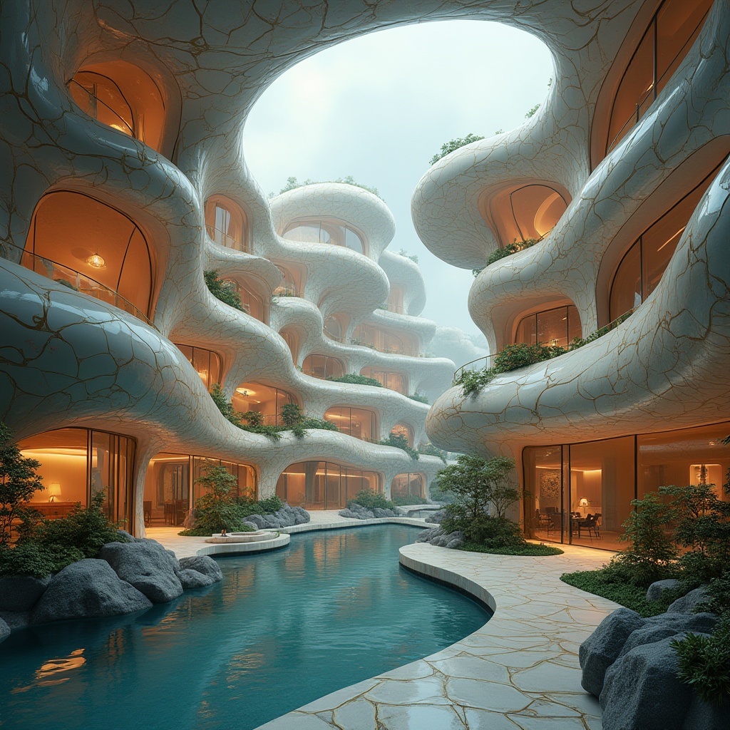 Prompt: Organic curvaceous buildings, flowing lines, undulating roofs, wavy fa\u00e7ades, ornate details, Art Nouveau inspirations, fluid dynamics, futuristic aesthetics, gleaming metallic surfaces, iridescent colors, shimmering lights, soft focus, atmospheric perspective, 1/2 composition, subtle shading, intricate patterns, botanical motifs, luxurious materials, opulent textures, dreamy ambiance, ethereal atmosphere.