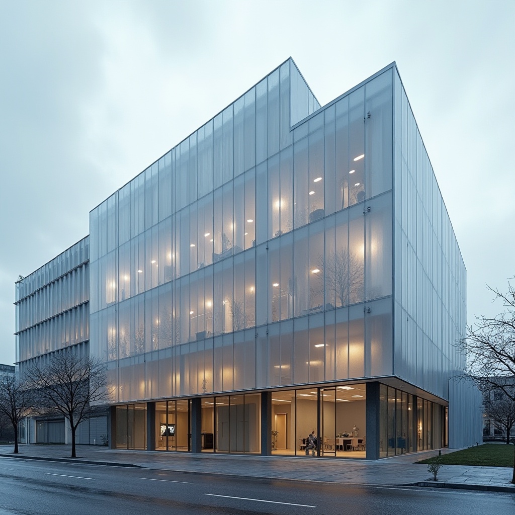 Prompt: Modern building facade, polycarbonate panels, translucent walls, diffused natural light, thermal insulation, sustainable design, energy efficiency, sleek lines, minimalist aesthetic, urban cityscape, cloudy sky, soft indirect lighting, 3/4 composition, shallow depth of field, realistic reflections.