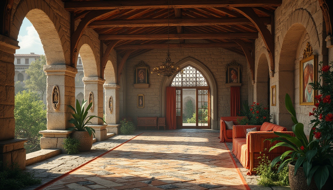 Prompt: Serene monastery courtyard, rustic stone walls, wooden accents, ornate frescoes, grand archways, vaulted ceilings, stained glass windows, lavish furnishings, rich velvet drapes, intricate ironwork, peaceful water features, lush greenery, soft warm lighting, shallow depth of field, 3/4 composition, panoramic view, realistic textures, ambient occlusion.