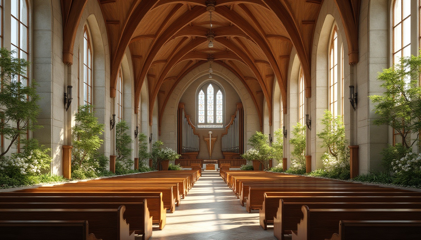 Prompt: Curved vaulted ceilings, natural stone walls, stained glass windows, wooden pews, grand pipe organs, intricate carvings, sacred symbols, earthy tones, lush greenery, blooming flowers, peaceful ambiance, soft warm lighting, shallow depth of field, 3/4 composition, panoramic view, realistic textures, ambient occlusion, free-flowing spaces, undulating lines, biomimetic design, sustainable materials, eco-friendly construction, minimalist decor, serene atmosphere, divine presence.