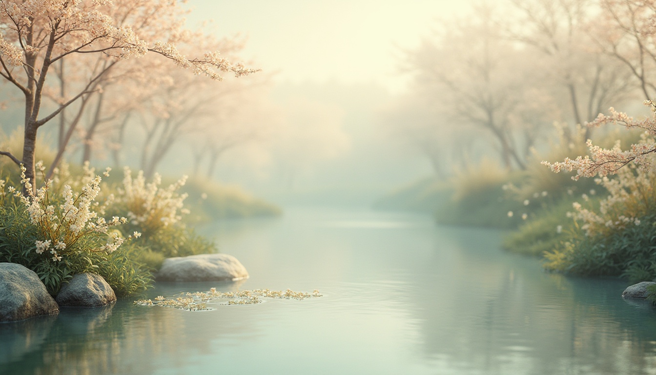 Prompt: Soft pastel hues, calming atmosphere, serene natural scenery, gentle water features, lush greenery, blooming flowers, warm beige tones, creamy whites, pale blues, misty mornings, soft focus, shallow depth of field, 1/2 composition, realistic textures, ambient occlusion.