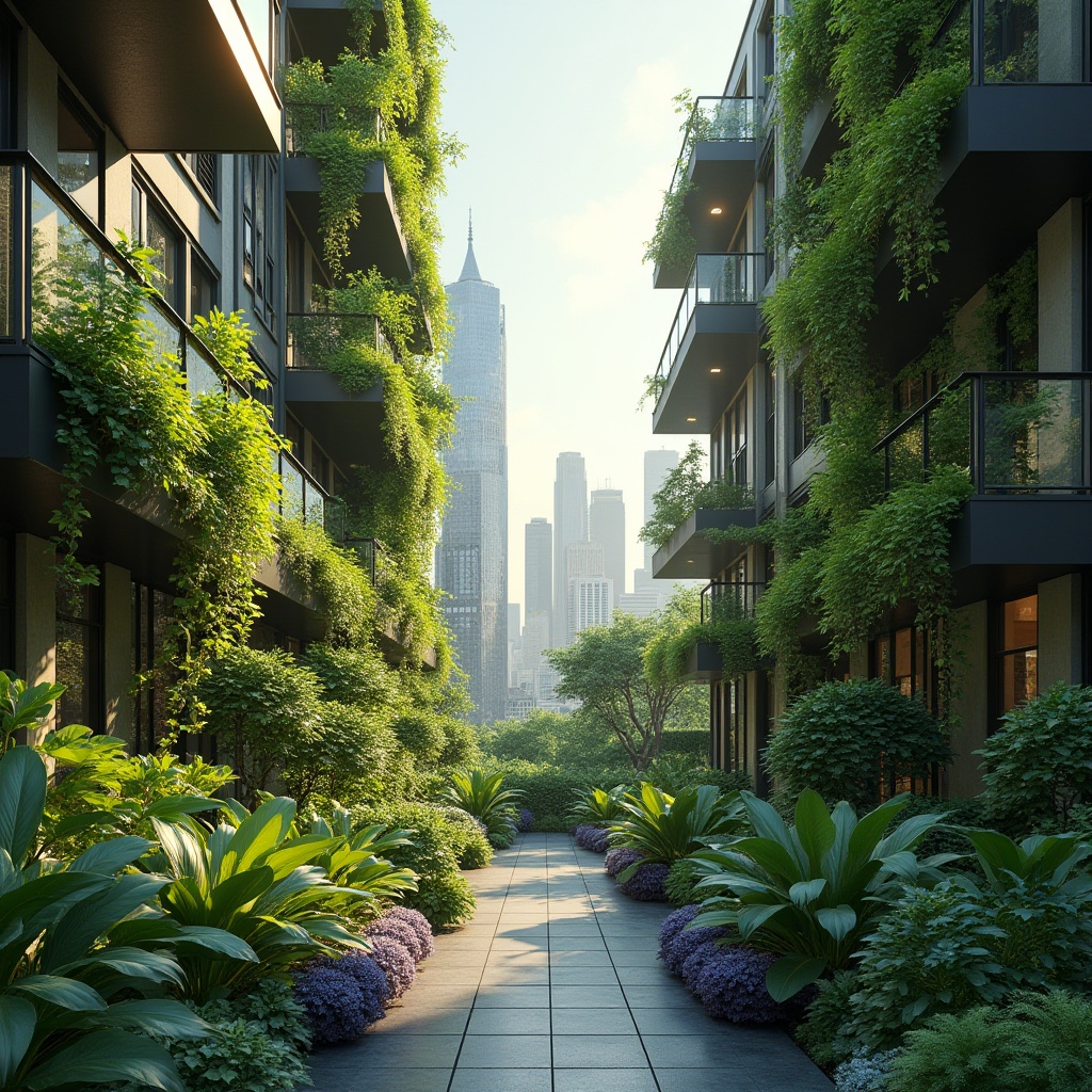 Prompt: Lush green walls, thriving plants, modern urban architecture, sleek metal frames, glass balconies, city skylines, natural stone facades, vibrant flowers, leafy textures, soft warm lighting, shallow depth of field, 3/4 composition, panoramic view, realistic foliage, ambient occlusion.