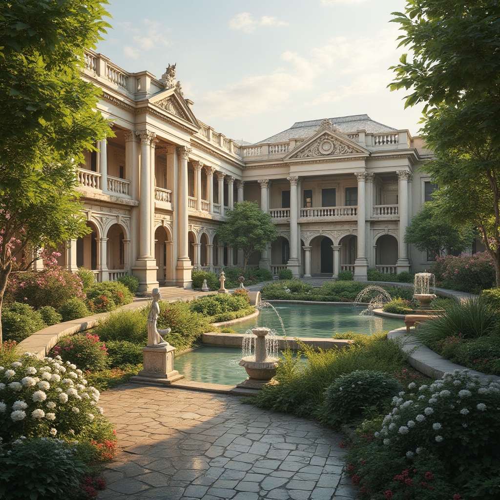 Prompt: Grandiose neoclassical buildings, ornate columns, symmetrical facades, lush greenery, blooming flowers, serene water features, tranquil ponds, walking paths, rustic stone walls, ornamental fountains, majestic statues, harmonious balance of architecture and nature, warm golden lighting, soft focus, shallow depth of field, 2/3 composition, realistic textures, ambient occlusion.