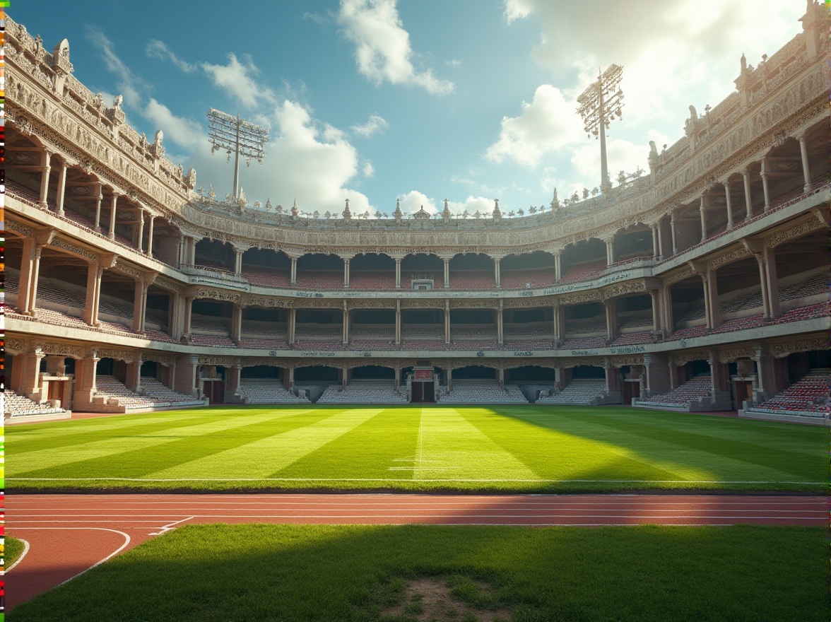 Prompt: Ancient Romanesque sports stadium, ornate stone facades, rusticated arches, grandiose entrance gates, classical columns, intricate carvings, vibrant green grass, professional athletic tracks, modern floodlights, afternoon sunlight, dramatic shadows, 1/2 composition, low-angle shot, realistic textures, ambient occlusion.