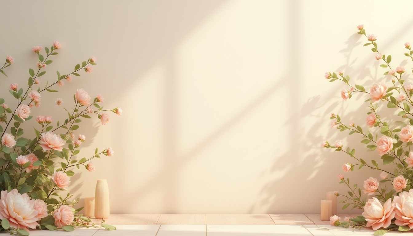 Prompt: Calming color scheme, soothing pastel hues, creamy whites, warm beige tones, soft peach accents, natural wood textures, subtle gradient effects, minimalist typography, elegant layout compositions, 1/1 aspect ratio, gentle shadowing, ambient lighting, realistic renderings, vibrant blooming flowers, lush greenery surroundings, serene atmosphere, peaceful ambiance.