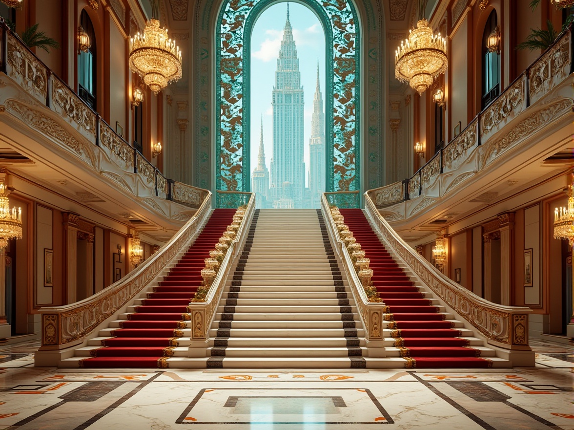 Prompt: Glamorous skyscraper, ornate metallic details, luxurious marble floors, opulent chandeliers, geometric patterns, bold typography, vibrant turquoise, rich gold accents, deep crimson red, soft cream whites, lavish velvet textures, intricate moldings, dramatic staircase, grand lobby, ornamental ironworks, bright polished metals, warm golden lighting, shallow depth of field, 1/1 composition, symmetrical framing.