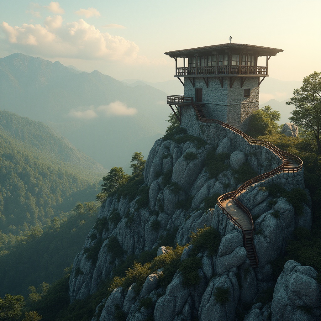 Prompt: Watchtower, rugged stone walls, panoramic views, scenic lookout points, winding staircases, wooden accents, natural blend with surroundings, lush greenery, dense forests, misty mountains, serene atmosphere, warm sunlight, dramatic shadows, 3/4 composition, realistic textures, ambient occlusion, subtle color palette, earthy tones, rustic charm.