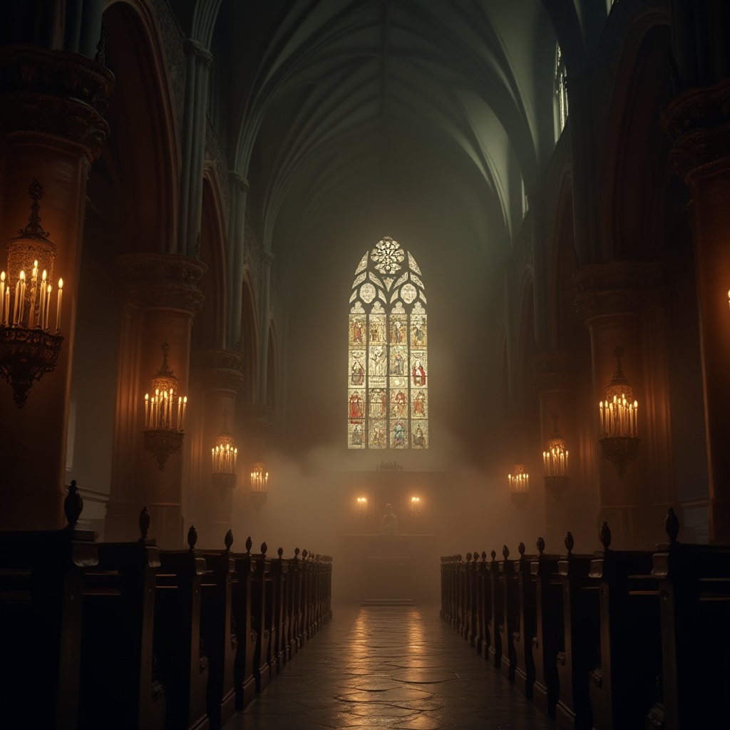 Prompt: Dimly lit cathedral interior, stained glass windows, warm candlelight, lanterns with intricate metalwork, mysterious shadows, dramatic spotlights, foggy atmosphere, misty air, eerie darkness, vaulted ceilings, grand arches, ornate carvings, rich wood tones, luxurious velvet drapes, mystical ambiance, soft golden lighting, subtle color grading, cinematic depth of field, 1/2 composition, atmospheric perspective.