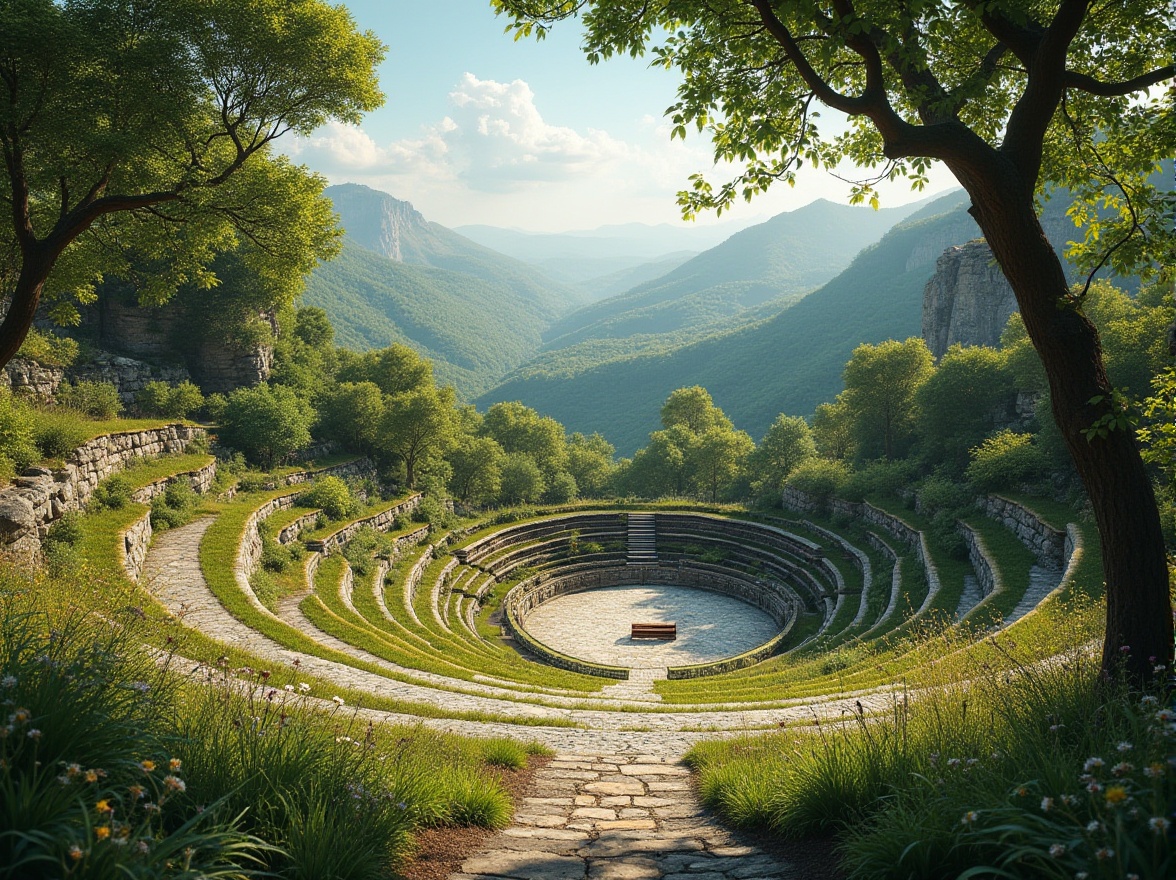 Prompt: Natural amphitheater setting, lush greenery, tiered seating areas, meandering stone pathways, wooden benches, scenic overlooks, panoramic views, rolling hills, rustic landscape, wildflower meadows, serene atmosphere, warm sunny day, soft diffused lighting, 3/4 composition, realistic textures, ambient occlusion.