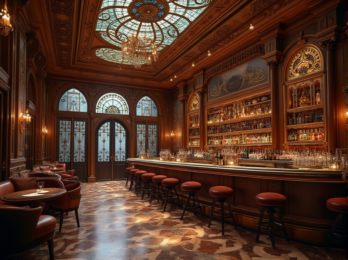 Prompt: Grandiose bar interior, ornate metalwork, sinuous lines, flowing curves, organic forms, luxurious textiles, rich wood tones, intricate mosaics, stained glass ceilings, grand chandeliers, sculpted furnishings, velvety upholstery, subtle warm lighting, shallow depth of field, 1/1 composition, realistic textures, ambient occlusion.