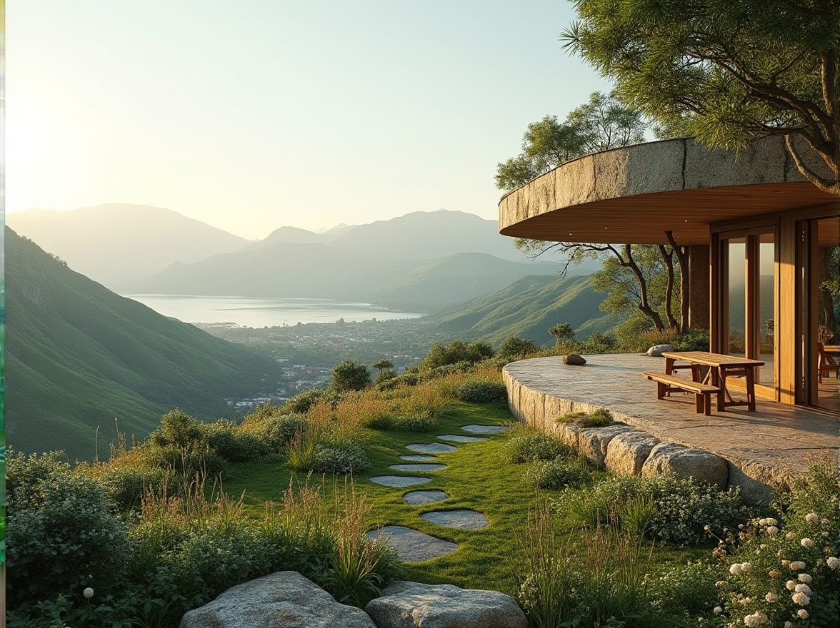 Prompt: Panoramic landscape, rolling hills, serene lake, lush greenery, vibrant wildflowers, meandering pathways, wooden benches, natural stone walls, modern architecture, curved lines, minimalist design, floor-to-ceiling windows, sliding glass doors, warm ambient lighting, shallow depth of field, 3/4 composition, realistic textures, ambient occlusion, seamless integration, immersive experience.