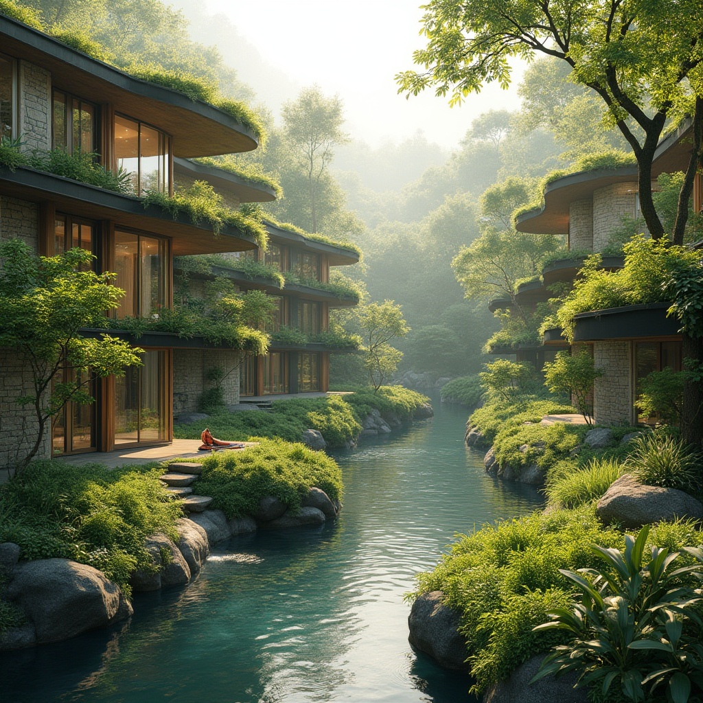 Prompt: Harmonious landscape integration, blending modern architecture with lush greenery, winding water features, natural stone walls, wooden accents, cantilevered structures, overhanging roofs, living walls, verdant rooftops, ecological balance, sustainable design, minimal environmental impact, serene atmosphere, warm sunlight, soft shadows, 3/4 composition, panoramic view, realistic textures, ambient occlusion.