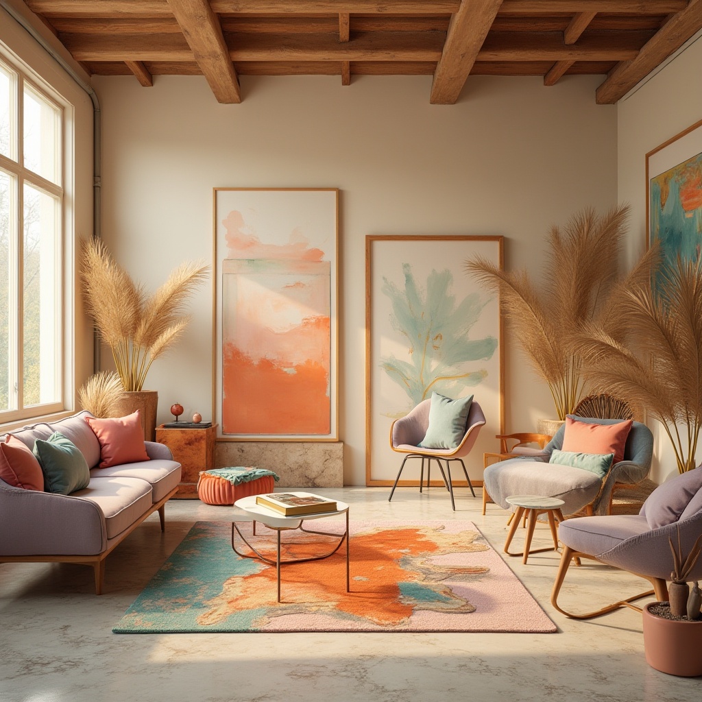 Prompt: Vibrant artistic studio, eclectic furniture, abstract artwork, warm golden lighting, rich wood accents, plush velvet fabrics, bold brushstroke textures, creamy pastel colors, soft peach hues, gentle lavender shades, soothing turquoise tones, calming beige backgrounds, natural stone floors, minimal ornamentation, open-plan layout, abundant natural light, airy atmosphere, 1/1 composition, soft focus blur, warm color grading.