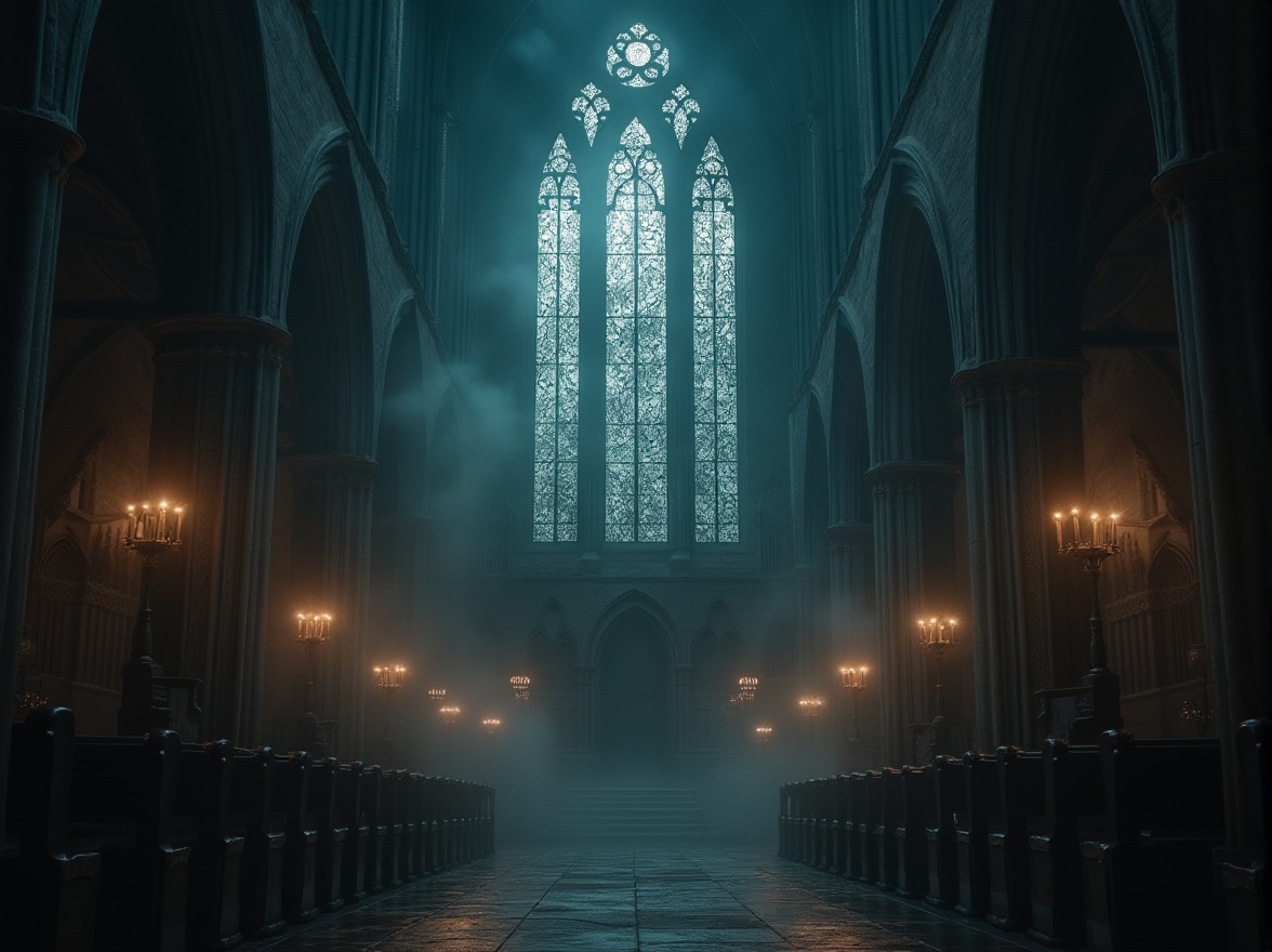 Prompt: Gothic cathedral, stained glass windows, ornate stone carvings, mystical fog, eerie shadows, warm candlelight, lanterns, torches, dramatic uplighting, high ceilings, grand archways, mysterious darkness, soft misty atmosphere, hauntingly lit corridors, atmospheric rays of light, subtle color grading, cinematic depth of field, 1/2 composition, low-key lighting, ominous cloud formations, stormy weather, mystical forest surroundings.