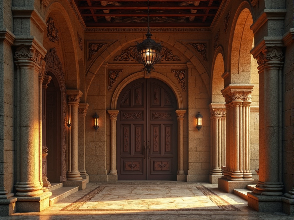 Prompt: Rustic stone walls, ornate carvings, grand archways, ribbed vaults, stained glass windows, intricate mosaics, decorative capitals, fluted columns, ornamental doorways, heavy wooden doors, wrought iron hinges, rustic metal lanterns, warm golden lighting, soft ambient occlusion, high contrast ratio, 1/2 composition, symmetrical framing, realistic textures, detailed normal maps.