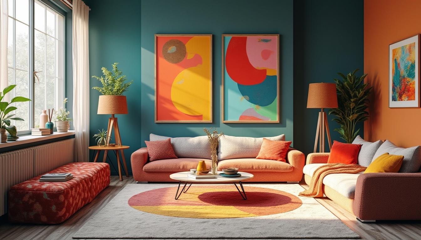 Prompt: Vibrant art studio, eclectic furniture pieces, abstract artwork, bold color blocking, contrasting textures, modern interior design, natural light pouring in, sheer curtains, sleek metal accents, geometric patterns, 3D visual effects, atmospheric misting, shallow depth of field, 1/1 composition, realistic renderings, ambient occlusion.