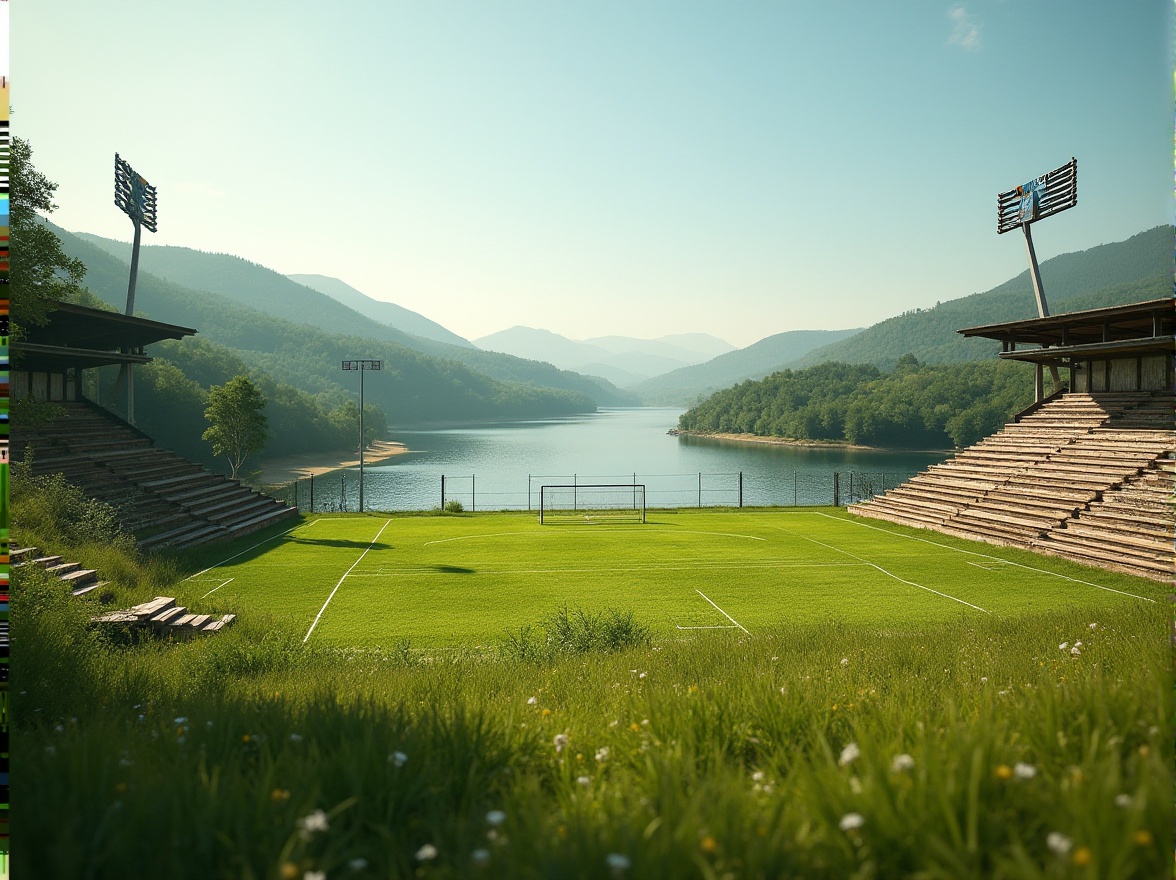 Prompt: Natural grassy terrain, rolling hills, serene lakeside, wooden bleachers, sports field lighting, goalposts, soccer balls, tennis courts, basketball hoops, baseball diamonds, athletic tracks, vibrant greenery, wildflower meadows, sunny day, soft warm lighting, shallow depth of field, 3/4 composition, panoramic view, realistic textures, ambient occlusion.