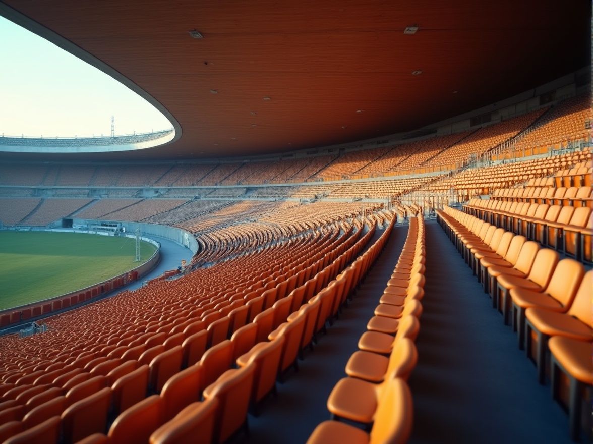 Prompt: Curved grandstand, tiered seating, plush cushions, ergonomic chairs, ample legroom, gentle incline, stadium-style layout, vibrant team colors, natural wood accents, subtle ambient lighting, 1/2 composition, warm atmosphere, soft focus blur, realistic fabric textures.