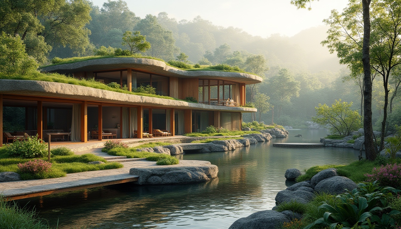 Prompt: Seamless landscape integration, curved organic lines, natural stone walls, verdant green roofs, cantilevered overhangs, floor-to-ceiling windows, sliding glass doors, minimalistic design, earthy color palette, wooden accents, native plant species, meandering walkways, serene water features, reflection pools, surrounding forest, misty morning atmosphere, warm soft lighting, shallow depth of field, 2/3 composition, panoramic view, realistic textures, ambient occlusion.