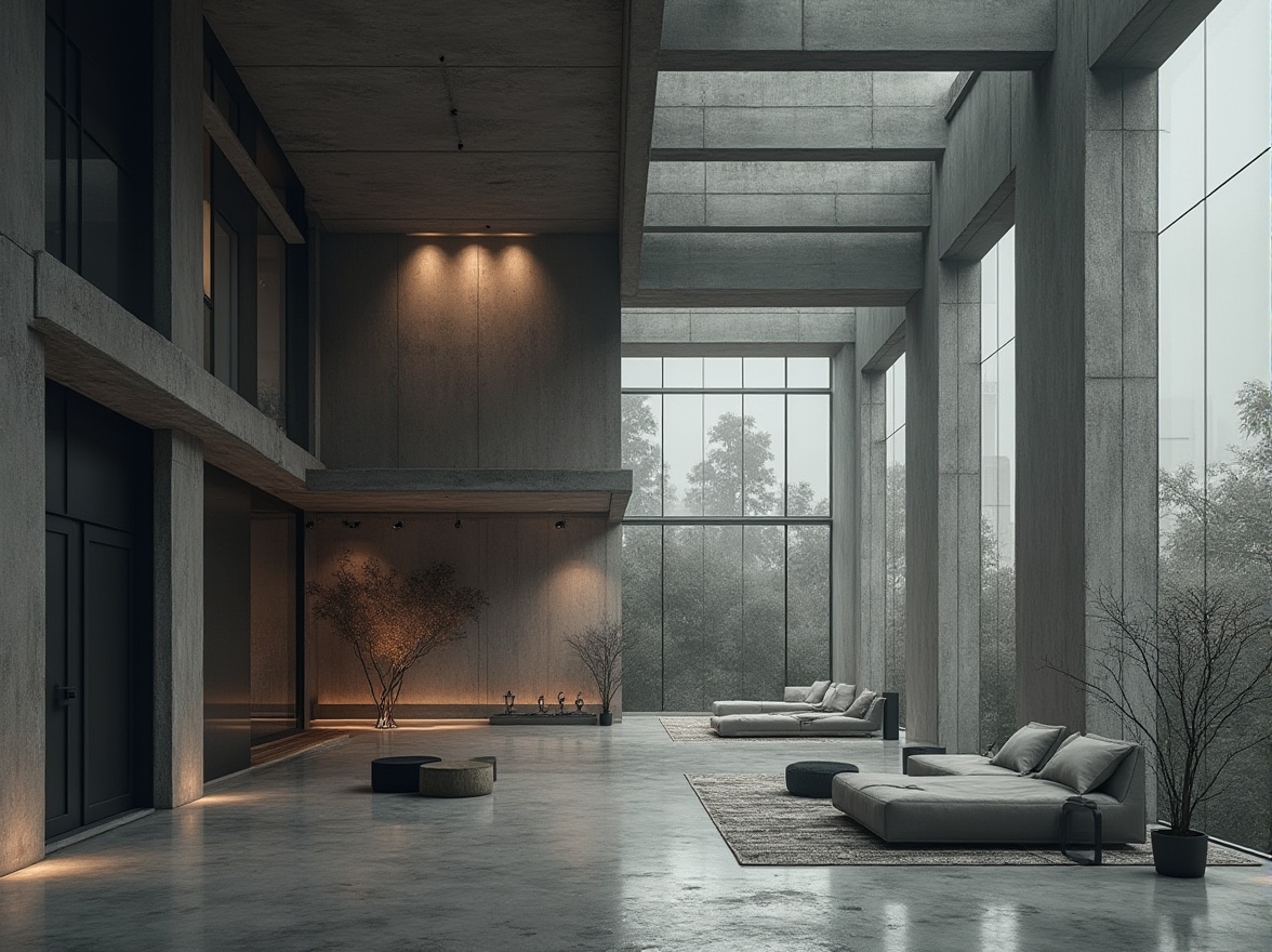 Prompt: Exposed concrete walls, industrial metal beams, reclaimed wood accents, minimalist decor, sleek glass facades, cantilevered roofs, brutalist structures, abstract sculptures, urban cityscape, moody overcast skies, dramatic shading, high-contrast lighting, cinematic composition, 1/2 camera angle, atmospheric misting, subtle lens blur.