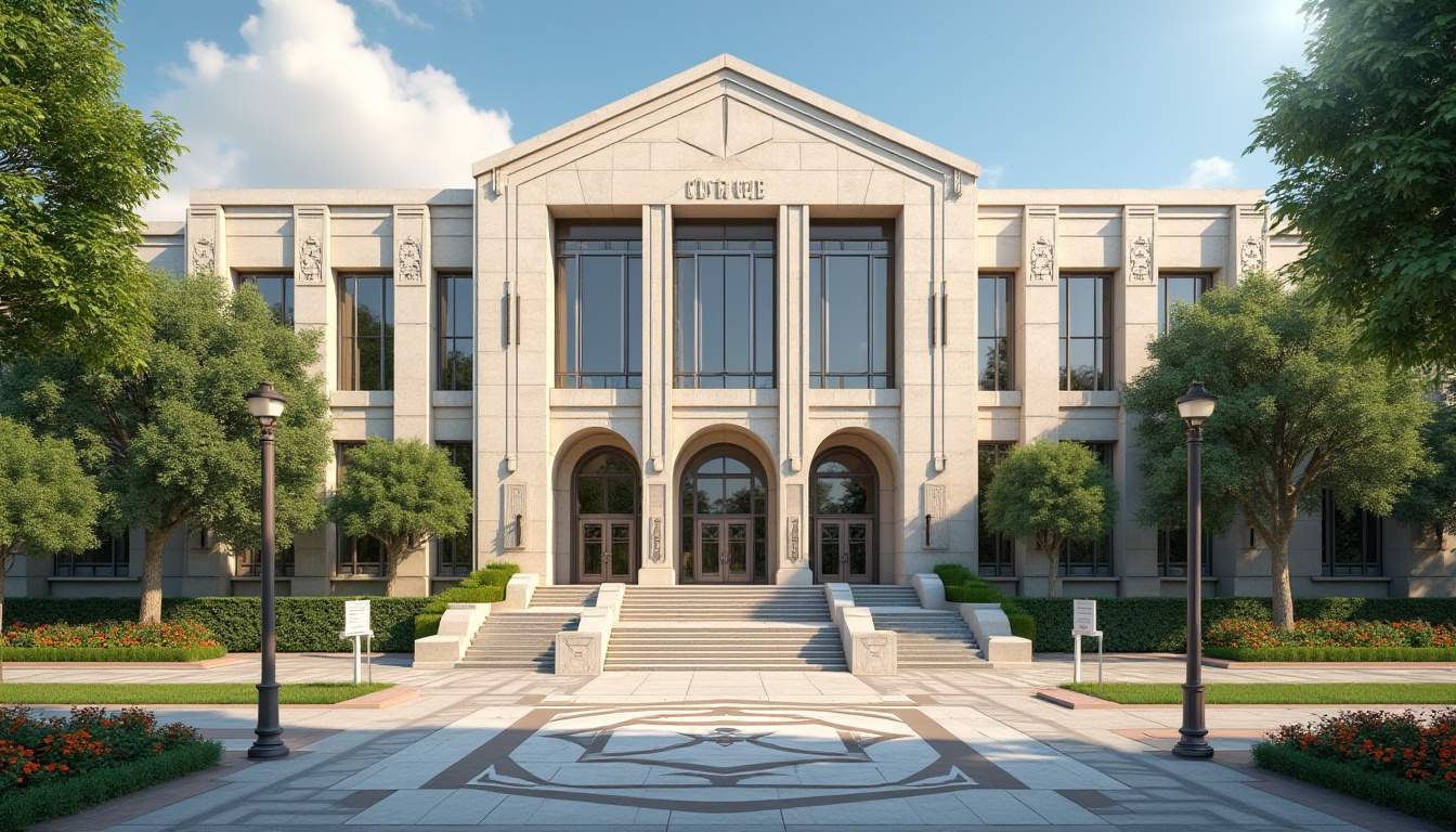 Prompt: Elegant courthouse facade, symmetrical Art Deco architecture, ornate metalwork details, grand staircase, lush greenery, vibrant flowerbeds, geometric patterned sidewalks, classic lampposts, manicured lawns, mature trees, sunny day, warm soft lighting, shallow depth of field, 3/4 composition, panoramic view, realistic textures, ambient occlusion.Please note that I've included the main subject (courthouse), its style (Art Deco), and various features such as architecture, landscaping, and lighting to create a comprehensive and accurate prompt.