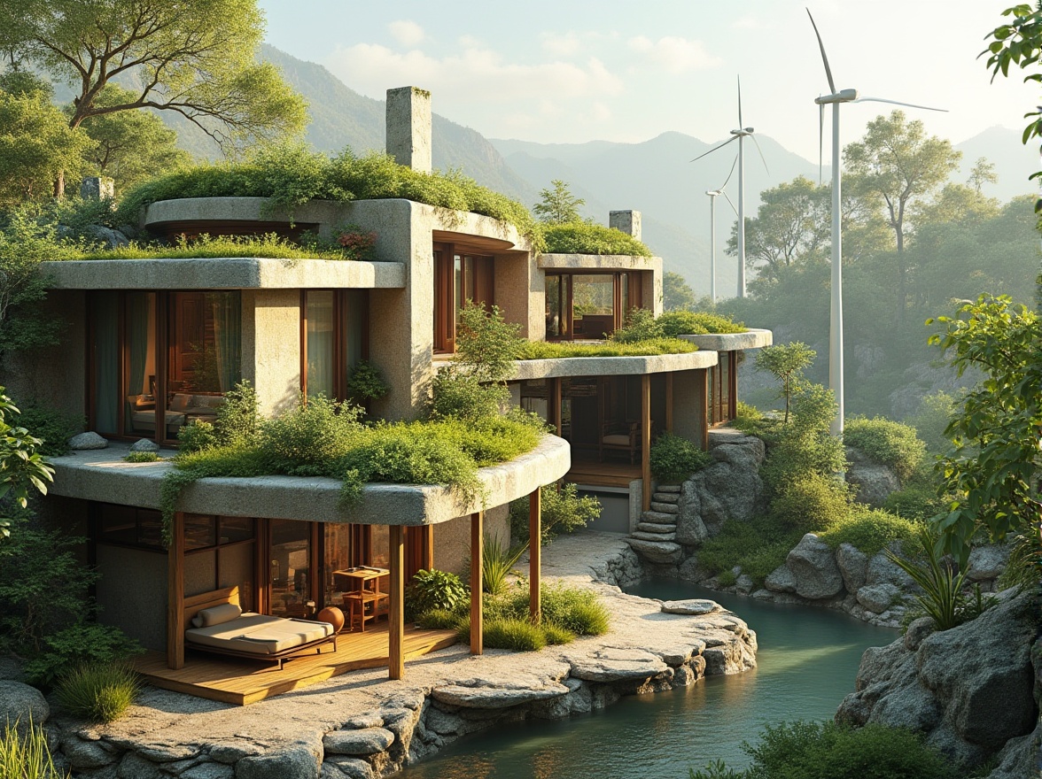 Prompt: Eco-friendly buildings, recycled materials, green roofs, living walls, solar panels, wind turbines, rainwater harvesting systems, low-carbon footprint, minimalist design, natural ventilation, large windows, clerestory windows, skylights, bamboo floors, reclaimed wood accents, sustainable concrete, earthy color palette, organic textures, ambient occlusion, soft warm lighting, 1/1 composition, realistic renderings.