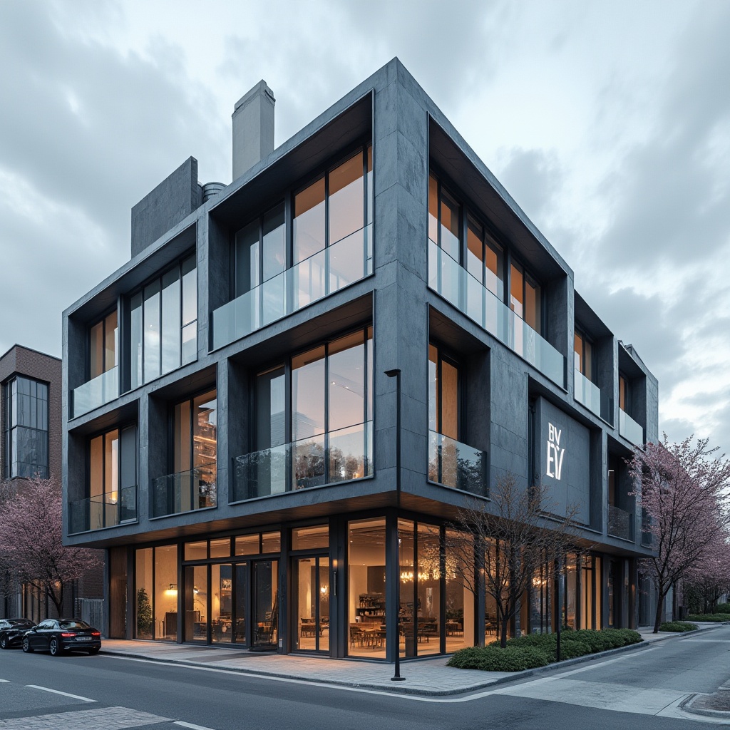 Prompt: Modern building facade, sleek metal frames, angular lines, minimalist design, large glass windows, transparent doors, cantilevered roofs, exposed ductwork, industrial chic aesthetic, urban cityscape, cloudy sky, soft natural lighting, 3/4 composition, shallow depth of field, realistic textures, ambient occlusion.