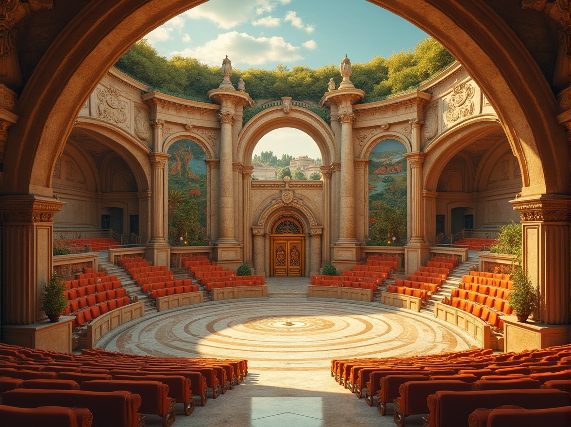 Prompt: Grand amphitheater architecture, sweeping curves, majestic arches, columned entrance, polished marble floors, ornate bronze doors, vibrant cultural murals, tiered seating areas, lush green roofs, natural stone walls, warm golden lighting, dramatic spotlights, 3/4 composition, low-angle view, realistic textures, ambient occlusion.