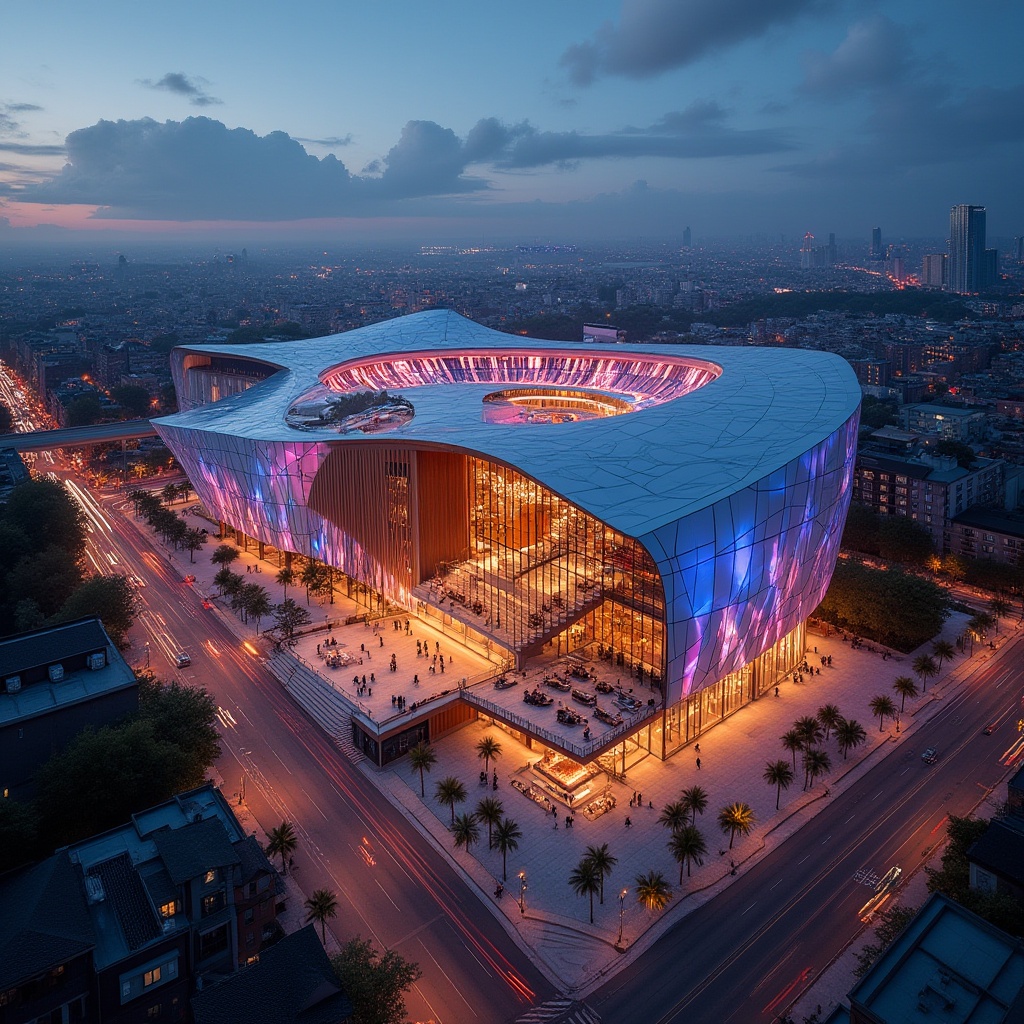 Prompt: Vibrant performing arts center, curved glass fa\u00e7ade, angular metal cladding, dynamic LED lighting, cantilevered rooflines, open-air amphitheater, urban cityscape, bustling streets, evening atmosphere, soft warm glow, shallow depth of field, 1/2 composition, dramatic spotlighting, rich wood accents, plush velvet curtains, ornate chandeliers, grand staircases, spacious lobbies, modern interior design, avant-garde architecture.