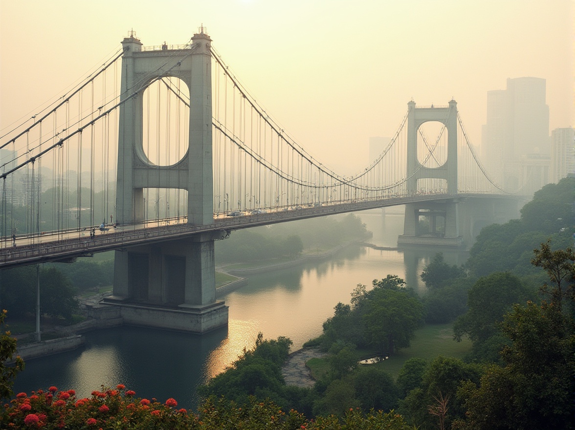 Prompt: Elegant vehicular bridge, slender arches, steel beams, suspension cables, urban landscape, metropolitan cityscape, misty morning, soft warm lighting, shallow depth of field, 3/4 composition, symmetrical architecture, modern engineering marvels, sleek railings, pedestrian walkways, concrete piers, riverbank scenery, lush greenery, vibrant flowers, natural stone abutments, historic landmarks, cultural heritage sites, nostalgic atmosphere, warm color tones, subtle texture details.