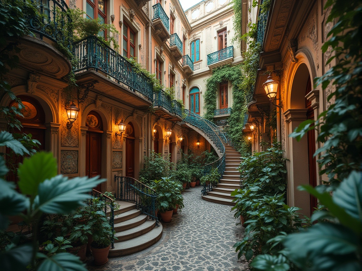 Prompt: Intricate ironwork balconies, sinuous organic lines, flowing floral patterns, ornate ceramic tiles, grand entranceways, luxurious staircases, richly ornamented facades, ornamental plasterwork, warm golden lighting, soft focus, shallow depth of field, 1/2 composition, atmospheric perspective, vibrant turquoise accents, velvety greenery, lush foliage, bustling urban streetscape, early 20th-century European architecture, communal living spaces, grand community halls, intimate cozy nooks, decorative moldings, ornate wooden doors.