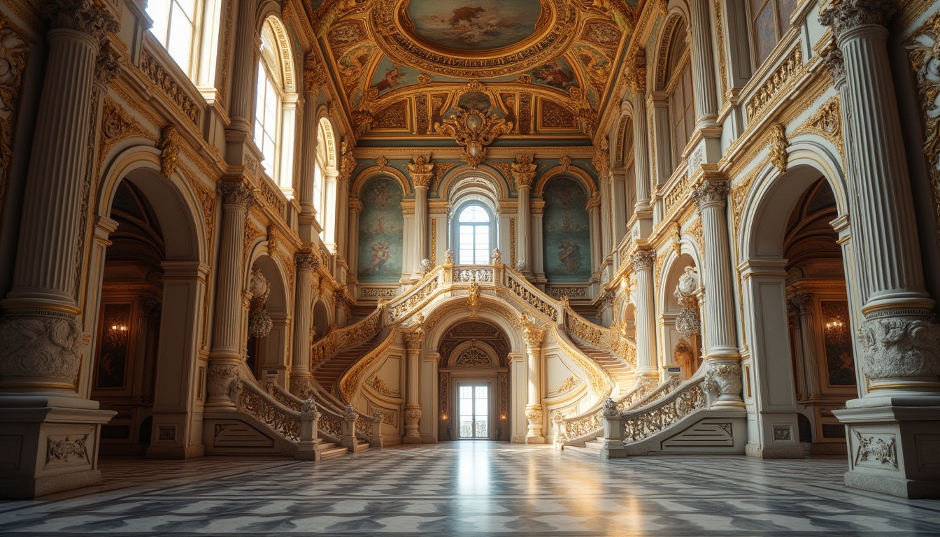 Prompt: Ornate Baroque palace, symmetrical fa\u00e7ade, grandiose entrance, imposing columns, sweeping arches, intricate stone carvings, gilded decorations, vibrant frescoes, majestic staircases, ornamental balustrades, harmonious proportions, central axis, radial symmetry, perfect bilateral symmetry, dramatic lighting, high contrast, intense shadows, 1/2 composition, low-angle shot, detailed textures, ambient occlusion.