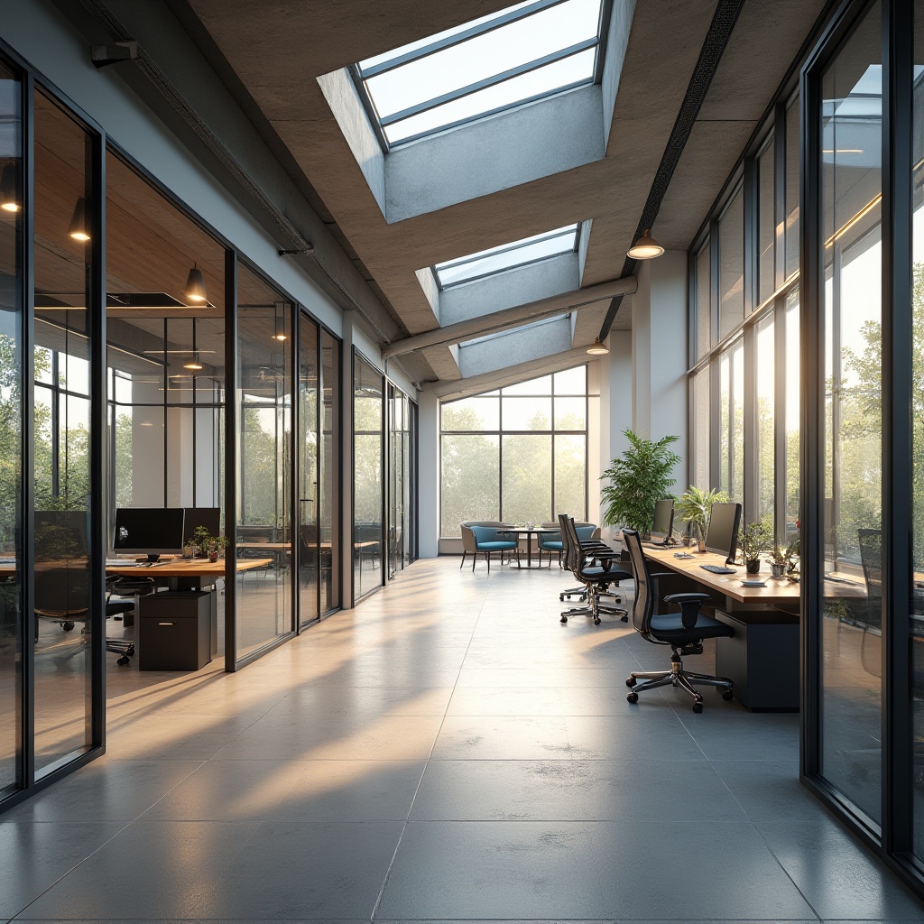 Prompt: Modern office space, open floor plan, collaborative workstations, minimalist decor, sleek metal frames, glass partitions, ergonomic chairs, adjustable desks, natural stone flooring, abundant natural light, overhead skylights, soft warm ambiance, 3/4 composition, shallow depth of field, realistic textures, ambient occlusion.